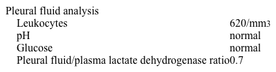 A 77-year-old man comes to the emergency department due to cough, shortness of breath, sharp chest pains, night sweats, and fatigue for 4 days.  Temperature is 38.3 C (101 F) , blood pressure is 110/62 mm Hg, pulse is 106/min, and respirations are 24/min.  The patient appears ill.  Neck veins are nondistended.  There is decreased chest expansion on the right side.  Auscultation reveals decreased breath sounds over the right lung base.  Chest imaging shows a right lower lobe infiltrate and a small, free-flowing pleural effusion on the right side.  Thoracentesis is performed.  Laboratory results are as follows:   Which of the following processes best explains this patient's pleural fluid findings? A) Elevated pulmonary capillary hydrostatic pressure B) Movement of sterile exudate into the pleural space C) Obstruction of lymphatic pleural fluid drainage D) Reduced pleural capillary oncotic pressure