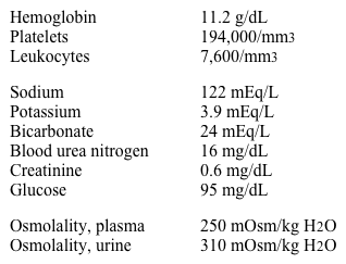 A 72-year-old man comes to the office after several days of mild headache and lethargy.  He has also had weakness, chronic cough, and decreased appetite.  He drinks 2 or 3 beers each weekend and has a 40-pack-year smoking history.  Temperature is 37 C (98.6 F) , blood pressure is 120/84 mm Hg, pulse is 78/min, and respirations are 24/min.  Lung examination shows mildly prolonged expiration with end-expiratory wheezes.  Laboratory results are as follows:   Chest x-ray reveals overinflated lung fields and a 2.5-cm left hilar mass.  Biopsy of the mass would most likely show which of the following? A) Carcinoid tumor B) Lung adenocarcinoma C) Lymphoma D) Mesothelioma E) Small cell lung cancer F) Squamous cell lung carcinoma