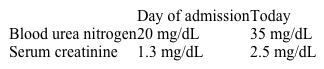 A 65-year-old hospitalized man is evaluated for decreased urine output and increased serum creatinine.  The patient was admitted for 3-vessel coronary artery disease and underwent coronary artery bypass grafting surgery yesterday.  Other medical conditions include type 2 diabetes mellitus and hypertension.  He received a dose of intravenous vancomycin prior to the surgery for prophylaxis of surgical infection.  The patient has also been receiving 100 mL/hour of intravenous normal saline for the past 24 hours.  He is afebrile.  Blood pressure is 130/80 mm Hg and pulse is 80/min.  Examination shows bibasilar crackles.  The abdomen is soft.  Urine output over the past 6 hours is 100 mL.  Laboratory results are as follows:   Urine sediment microscopy is shown in the exhibit.    Which of the following is the most likely cause of this patient's current condition? A) Crystal obstruction in tubules B) Drug toxicity to renal tubules C) Glomerulonephritis D) Interstitial inflammation E) Ischemic tubular necrosis F) Prerenal azotemia