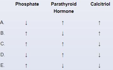 A 50-year-old man with polycystic kidney disease comes to the office due to constant, deep pain in his shoulders, arms, and legs.  Medical history includes long-standing hypertension treated with ramipril.  Blood pressure is 150/85 mm Hg and pulse is 78/min.  Cardiopulmonary examination is normal.  Abdominal examination shows large, palpable renal masses.  Trace bilateral lower-extremity edema is present.  Laboratory results from 2 years ago showed a blood urea nitrogen level of 25 mg/dL and a creatinine level of 2.3 mg/dL.  Current laboratory results are as follows:   Which of the following metabolic states is most likely present in this patient?   A) A B) B C) C D) D E) E