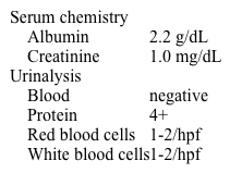 A 42-year-old man comes to the office for evaluation of progressive generalized edema and weight gain for the past several weeks.  He has no chest pain or shortness of breath.  The patient has no chronic medical conditions and takes no medications.  He last saw a physician a year ago for an upper respiratory infection.  The patient does not use tobacco, alcohol, or illicit drugs.  Blood pressure is 130/80 mm Hg and pulse is 84/min.  Mild ascites is present.  There is bilateral lower extremity pitting edema to the knees.Laboratory results are as follows:   Urinary protein excretion is 6.0 g/24 hr.  A kidney biopsy is performed, and electron microscopy of a glomerular capillary is shown below:   Which of the following is the most likely diagnosis? A) Crescentic glomerulonephritis B) Focal segmental glomerulosclerosis C) Membranous nephropathy D) Minimal change disease E) Poststreptococcal glomerulonephritis