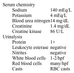 A 10-year-old boy is brought to the office due to dark brown urine that he first noticed yesterday after swimming practice.  Blood pressure is 130/80 mm Hg.  Physical examination is normal with the exception of bilateral periorbital edema.  Laboratory results are as follows:   Which of the following is the most likely diagnosis? A) Minimal change disease B) Nephrolithiasis C) Postinfectious glomerulonephritis D) Pyelonephritis E) Rhabdomyolysis