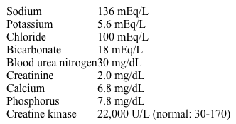 A 21-year-old man is brought to the emergency department due to diffuse muscle aches and weakness.  He has also noticed darkening of his urine.  The patient recently joined the military and was participating in rigorous training exercises in hot weather earlier in the day.  He has no significant medical conditions and takes no medications.  Medical evaluation and laboratory testing performed prior to military enlistment showed no abnormalities.  Temperature is 36.7 C (98 F) , blood pressure is 100/60 mm Hg, pulse is 105/min, and respirations are 16/min.  Physical examination shows dry mucous membranes and muscle tenderness over the bilateral thighs and calves.  Laboratory results are as follows:   Which of the following urine microscopy findings is most likely to be seen in this patient? A) Dysmorphic red blood cells B) Eosinophils C) Granular casts D) Isomorphic red blood cells E) Polymorphonuclear leukocytes F) Red blood cell casts