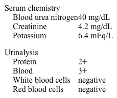 A 30-year-old man is admitted to the hospital due to seizures.  The repeated, prolonged tonic-clonic seizures were terminated with intravenous lorazepam in the emergency department.  Medical history is significant for amphetamine abuse.  The patient develops decreased urine output 24 hours after hospital admission.  Temperature is 37.1 C (98.8 F) , blood pressure is 140/90 mm Hg, pulse is 88/min, and respirations are 18/min.  Examination shows bibasilar lung crackles and mild edema of the lower extremities.  Laboratory results are as follows:   Which of the following is the most likely cause of this patient's kidney injury? A) Glomerular injury due to immune complexes B) Inflammatory reaction of the tubular interstitium C) Renal infarction due to arterial obstruction D) Tubular injury due to light-chain deposition E) Tubular injury due to released hemoglobin F) Tubular injury due to released myoglobin