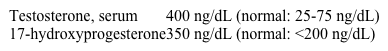 A 17-year-old girl is brought to the clinic due to irregular menses.  Menarche was at age 12 and her cycles since then have been irregular, often with multiple months between menstrual periods.  The patient also has had an increase in hair growth along her chest and face.  Temperature is 37.3 C (99.1 F) , blood pressure is 110/70 mm Hg, and pulse is 80/min.  There are dark, terminal hairs above the patient's upper lip and nodulocystic acne across her forehead.  Cardiopulmonary examination is normal.  Sexual maturity rating (Tanner stage)  is 5.  Ultrasound examination of the pelvis reveals a normal uterus and ovaries.  Electrolytes are normal; other laboratory results are as follows:   Which of the following enzyme reaction steps is most likely to be disrupted in this patient? A) 11-deoxycorticosterone conversion to corticosterone B) 11-deoxycortisol conversion to cortisol C) Pregnenolone conversion to 17-hydroxypregnenolone D) Progesterone conversion to 11-deoxycorticosterone E) Testosterone conversion to estradiol