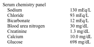 A 20-year-old woman comes to the emergency department with lethargy, abdominal pain, and nausea.  She has had polyuria and excessive thirst for one day.  She also complains of dysuria and chills over the last few days but did not seek medical care until today.  Physical examination shows tachycardia and dry mucous membranes.  Laboratory results are as follows:   Which of the following electrolyte findings would most likely be seen in this patient?   A) A B) B C) C D) D E) E