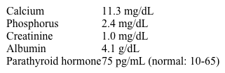 A 45-year-old woman is evaluated 2 weeks after she fractured her left radius during a fall from standing height.  Two months previously, she passed a renal stone.  There is no family history of osteoporosis or hypercalcemia.  Physical examination is unremarkable.  Serum laboratory results are as follows:   Bone density testing performed using dual-energy x-ray absorptiometry reveals osteoporosis.  Which of the following is the major contributor to bone loss in this patient? A) Decreased bone formation due to decreased conversion of calcidiol to calcitriol B) Decreased bone formation due to excessive loss of calcium in urine C) Decreased bone formation due to inhibition of osteoblast differentiation D) Increased bone resorption due to decreased intestinal calcium absorption E) Increased bone resorption due to paracrine stimulation of osteoclasts