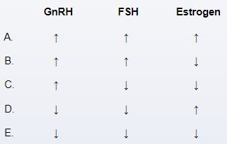 A 38-year-old woman comes to the emergency department due to an acute episode of heavy menstrual bleeding.  The patient has a history of menorrhagia, with monthly cycles lasting 7-10 days and brisk blood flow with the passage of large clots.  Pelvic examination reveals an enlarged fibroid uterus, and she is found to have significant anemia due to blood loss.  The patient is prescribed continuous leuprolide therapy.  After several weeks, which of the following sustained hormonal changes are expected to have occurred as a result of the treatment?   A) A B) B C) C D) D E) E