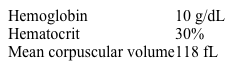 A 35-year-old woman comes to the office with malaise and generalized weakness.  Her other medical problems include type 1 diabetes mellitus and hypothyroidism for which she takes insulin and levothyroxine.  She eats a balanced, diabetic diet and exercises 5 times per week.  Physical examination shows mild conjunctival pallor.Laboratory results are as follows:   Further evaluation shows a very low vitamin B<sub>12</sub> level and a normal folate level.  Which of the following sets of physiologic alterations is most likely to be present in this patient? A) Elevated gastrin, high gastric pH, and decreased parietal cell mass B) Elevated gastrin, high gastric pH, and increased parietal cell mass C) Elevated gastrin, low gastric pH, and increased parietal cell mass D) Low gastrin, high gastric pH, and increased parietal cell mass E) Low gastrin, low gastric pH, and decreased parietal cell mass