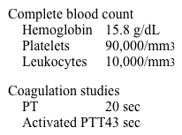 An 18-year-old woman collapsed while practicing for a marathon in hot, humid weather.  The patient subsequently vomited 3 times and had a tonic-clonic seizure.  She has no chronic medical conditions and takes no medications.  The patient does not use alcohol or illicit drugs.  Temperature is 40.8 C (105.4 F) , blood pressure is 90/60 mm Hg, pulse is 130/min, and respirations are 22/min.  The patient is profusely sweating and is confused.  Pupils are sluggishly reactive to light.  Cardiopulmonary examination reveals clear lungs and normal heart sounds.  Laboratory results are as follows:   Which of the following sets of hematologic findings is most likely to be present in this patient?   A) A B) B C) C D) D E) E F) F