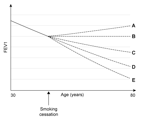A 48-year-old man comes to the office for an initial visit.  He says that he feels well and has no medical problems.  The patient has a 20-pack-year smoking history and does not use alcohol or illicit drugs.  He is counseled on smoking cessation.  To explain how smoking affects lung function, the patient is shown a graph of the expected change in forced expiratory volume in 1 second (FEV1)  over time if he continues to smoke at the same rate (curve D in image) .  Which of the following curves most likely demonstrates the expected FEV1 over time if this patient were to stop smoking now?   A) A B) B C) C D) D E) E