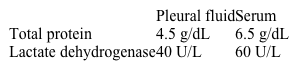 A 64-year-old woman comes to the emergency department with a 4-day history of productive cough and breathlessness.  Her medical conditions include polymyalgia rheumatica, for which she takes low-dose prednisone.  Physical examination shows dullness to percussion and decreased breath sounds over the right lower lobe.  The abdomen is soft, nondistended, and nontender.  Chest x-ray shows a right lower lobe parenchymal opacity and a moderate right pleural effusion.  Thoracentesis is performed, yielding serosanguinous fluid.  Pleural fluid and serum findings are as follows:   Which of the following is contributing most to the pathogenesis of this patient's pleural effusion? A) Decreased plasma oncotic pressure B) Decreased thoracic lymphatic flow C) Increased intraabdominal hydrostatic pressure D) Increased intrapleural negative pressure E) Increased pleural vascular permeability F) Increased thoracic hydrostatic pressure
