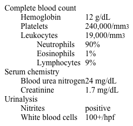 A 54-year-old woman comes to the emergency department due to a 2-day history of fevers, chills, and severe fatigue.  She has no chronic medical problems and takes no medication.  Temperature is 38.9 C (102 F) , blood pressure is 80/50 mm Hg, pulse is 130/min, and respirations are 20/min.  The patient's left flank is tender to palpation.  Cardiovascular examination reveals tachycardia, decreased capillary refill, and an estimated jugular venous pressure of 3 cm H<sub>2</sub>O above the sternal notch.  Laboratory results are as follows:   Which of the following is most likely decreased in this patient? A) C-reactive protein B) Endotoxin C) IL-1 D) Nitric oxide E) Vasopressin