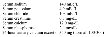 A 50-year-old is being evaluated in the office due to renal stones. He states that his bowel habits change and feels constipated over the last month. He has no prior medical conditions and takes no medication. He has no family history of inherited disease. His physical examination is normal.  Laboratory results are as follows:   Which of the following changes in bone structure is most likely associated with this patient's condition? A) Lamellar bone structure resembling a mosaic pattern B) Osteoid matrix accumulation around trabeculae C) Spongiosa filling medullary canals with no mature trabeculae D) Subperiosteal resorption with cortical thinning E) Trabecular thinning with fewer interconnections