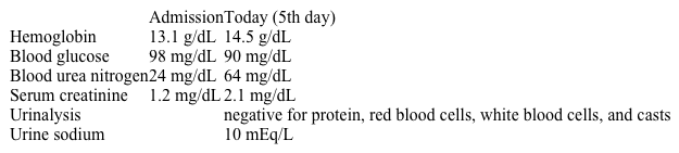 A 65-year-old man is being evaluated in the hospital.  The patient was admitted 5 days ago for increasing lower extremity edema and dyspnea.  Medical history is significant for obesity hypoventilation syndrome, pulmonary hypertension, and chronic lower extremity edema.  Current temperature is 37.2 C (99 F) , blood pressure is 110/70 mm Hg, pulse is 90/min, and respirations are 16/min.  BMI is 50 kg/m<sup>2</sup>.  Laboratory results are as follows:   Which of the following is the most likely cause of the laboratory abnormalities in this patient? A) Diuretic therapy B) Interstitial nephritis C) Osmotic diuresis D) Renal artery stenosis E) Tubular necrosis F) Ureteral compression