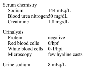 A 34-year-old woman comes to the hospital with a 4-day history of abdominal cramps, nausea, and watery diarrhea.  Today she developed dizziness on standing.  Her child has had similar symptoms recently.  The patient has no prior medical conditions and takes no medications on a regular basis.  Blood pressure is 124/82 mm Hg while supine and 100/70 on standing; pulse is 98/min.  Examination shows dry mucous membranes.  The abdomen is soft and nontender.  Laboratory results are as follows:   Which of the following changes are most likely to be seen in this patient?   A) A B) B C) C D) D E) E F) F