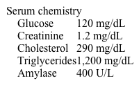 A 43-year-old man is hospitalized due to severe epigastric pain radiating to his back.  He does not drink alcohol.  Temperature is 37.9 C (100.2 F) , blood pressure is 114/68 mm Hg, and pulse is 85/min.  BMI is 34 kg/m<sup>2</sup>.  The patient appears restless.  Physical examination shows significant epigastric tenderness.  Laboratory results are as follows:   Administration of intravenous fluids and analgesics is begun.  In addition, insulin is administered to rapidly reduce the elevated lipid levels.  This medication is likely to improve this patient's condition by stimulating which of the following enzymes? A) AMP-activated protein kinase B) Hormone-sensitive lipase C) HMG-CoA reductase D) Lipoprotein lipase E) Pyruvate carboxylase