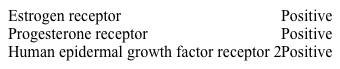 A 51-year-old woman comes to the office for a follow-up visit.  Three weeks ago, she had a screening mammogram that was suspicious for malignancy.  An ultrasound-guided needle aspiration was performed and showed invasive ductal carcinoma.  The patient underwent a lumpectomy with axillary dissection and was found to have no metastatic disease.  Immunohistochemical analysis of the tumor specimen was significant for the following:   Adjuvant therapy with a monoclonal antibody is started.  Which of the following is the most likely target of this drug? A) Estrogen receptor B) Peripheral aromatase enzyme C) Receptor activator of nuclear factor kappa-B ligand D) Tyrosine kinase receptor E) Vascular endothelial growth factor