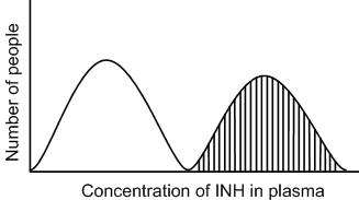 A group of investigators is performing an experiment designed to assess genetic variability in drug biotransformation.  A fixed dose of isoniazid is given to a group of volunteers, and the plasma drug concentration is measured four hours following administration of the drug.  The following distribution of plasma drug concentration in these subjects is obtained.   Variation of which of the following processes provides the best explanation for the shaded area of the curve? A) Methylation B) Glucuronidation C) Hydrolysis D) Acetylation E) Amine oxidation