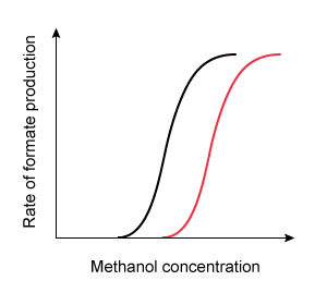 A 42-year-old man is brought to the emergency department due to nausea, vomiting, and blurred vision. He was making his own whiskey with a home moonshine still and started feeling sick after sampling the first several ounces of distillate. Funduscopic evaluation reveals optic disc hyperemia. Laboratory results show a high anion gap metabolic acidosis. It is determined that the patient's symptoms are due to enzymatic conversion of methanol into formate by alcohol dehydrogenase. He is started on fomepizole, a medication that transiently binds to alcohol dehydrogenase and prevents methanol from accessing the enzyme's active site. Which of the following graphs most accurately portrays the change in enzyme kinetics after administration of the antidote?(Black curves = before treatment) A) B) C) D) E)