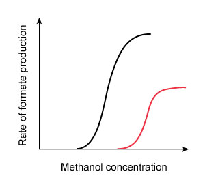 A 42-year-old man is brought to the emergency department due to nausea, vomiting, and blurred vision. He was making his own whiskey with a home moonshine still and started feeling sick after sampling the first several ounces of distillate. Funduscopic evaluation reveals optic disc hyperemia. Laboratory results show a high anion gap metabolic acidosis. It is determined that the patient's symptoms are due to enzymatic conversion of methanol into formate by alcohol dehydrogenase. He is started on fomepizole, a medication that transiently binds to alcohol dehydrogenase and prevents methanol from accessing the enzyme's active site. Which of the following graphs most accurately portrays the change in enzyme kinetics after administration of the antidote?(Black curves = before treatment) A) B) C) D) E)