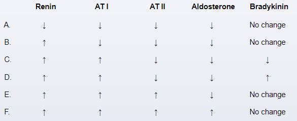 A 44-year-old woman comes to the office for a follow-up appointment.  Six months earlier, the patient was diagnosed with essential hypertension; she has followed dietary and exercise recommendations since then.  At a follow-up visit 3 months ago, she reported episodic headaches due to migraines.  Her blood pressure at that visit was 145/92 mm Hg.  Antihypertensive therapy with a beta blocker was started due to its beneficial effect on migraine prophylaxis.  Now, 3 months later, the patient's blood pressure has decreased to 120/80 mm Hg.  She is compliant with her medication and has had no serious adverse effects.  Which of the following is the most likely combination of changes in response to this patient's treatment (AT = Angiotensin) ?   A) A B) B C) C D) D E) E F) F