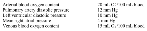 <strong>A 54-year-old man is being evaluated for exertional dyspnea that started 6 months ago. The patient has no associated cough or wheezing. There is no known history of heart disease in his family. ECG, chest x-ray, exercise stress test, and echocardiogram are obtained to evaluate his symptoms. He subsequently undergoes right and left cardiac catheterization, and the results are as follows: What additional information is necessary to calculate cardiac output in this patient?</strong> A)Arteriovenous difference in oxygen content B)Oxygen-binding capacity of hemoglobin C)Percentage of hemoglobin saturation D)Rate of oxygen consumption E)Respiratory quotient