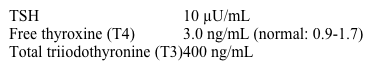 A 41-year-old man comes to the office due to a 4-month history of fatigue, headache, weight loss, sweating, and palpitations.  He is otherwise healthy and takes no medications.  He does not use tobacco, alcohol, or illicit drugs.  Physical examination reveals lid lag and a fine hand tremor.  Neck examination reveals mild, diffuse enlargement of the thyroid gland.  Laboratory results are as follows:   Which of the following is the most likely cause of this patient's disorder? A) Elevated thyroxine-binding globulin B) Graves disease C) Painless thyroiditis D) Pituitary tumor E) Thyroid cancer