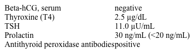 A 28-year-old woman comes to the office due to a 4-month history of amenorrhea.  She has also had a whitish nipple discharge from both breasts.  The patient has taken several pregnancy tests at home that have been negative.  She has also had increased fatigue, depressed mood, and weight gain over this time.  The patient has had no headaches or vision changes.  She has no prior medical problems and takes no medications.  On physical examination, there is thinning of the outer third of the eyebrows.  The thyroid is enlarged and nontender to palpation.  Abdominal and pelvic examinations are normal.  The skin appears dry.  Laboratory results are as follows:   Which of the following is the most likely mechanism causing this patient's elevated prolactin level? A) Activation of lactotrophs by antithyroid peroxidase antibodies B) Binding of dopamine receptors by antithyroid peroxidase antibodies C) Inhibition of dopamine release by TSH D) Stimulation of lactotrophs by thyrotropin-releasing hormone (TRH)  E) TRH-induced overproduction of dopamine F) TSH-mediated activation of lactotrophs