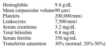 A 62-year-old man comes to the office due to worsening fatigue.  The patient has long-standing type 2 diabetes mellitus complicated by nephropathy.  Laboratory results are as follows:   After appropriate treatment is initiated for his anemia, which of the following changes is most likely to occur in this patient's erythroid cells? A) Decrease in free protoporphyrin levels B) Decrease in reticuloendothelial destruction C) Increase in progenitor cell differentiation D) Switch of hemoglobin to the fetal form E) Synchronization of nuclear and cytoplasmic maturation