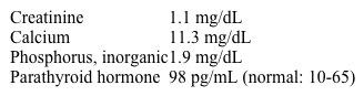 A 50-year-old man is seen in the office for new-onset constipation.  Family history is unremarkable.  Vital signs are within normal limits.  Physical examination reveals normal findings.  Serum laboratory results are as follows:   Which of the following is the most likely mechanism causing this patient's low serum phosphate? A) Decreased phosphate reabsorption in proximal tubules B) Increased bone deposition of phosphorus C) Increased fecal loss of phosphorus D) Increased phosphate secretion in distal tubules E) Transcellular shift of phosphorus into the cells