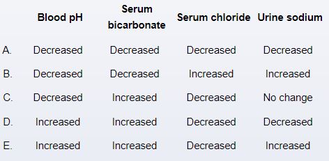 A 58-year-old woman comes to the emergency department due to cramping mid-abdominal pain.  Imaging shows a small bowel obstruction.  Vital signs and laboratory studies, including complete blood count and comprehensive metabolic panel, are within normal limits.  The patient is admitted to the hospital for nonsurgical management.  Oral intake is withheld to promote bowel rest, and an isotonic saline infusion is administered for hydration.  She has no vomiting or diarrhea and after 2 days the abdominal pain improves.  Total administration of sodium chloride infusion was approximately 6 L.  Which of the following changes have most likely occurred in this patient since the onset of her hospitalization?   A) A B) B C) C D) D E) E