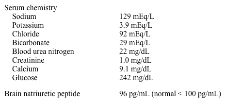 A 76-year-old man is seen in the emergency department with cough and worsening dyspnea over the last 2 days.  He awoke suddenly last night gasping for air and could not get comfortable in any position.  He has no fever or chills.  The patient's other medical problems include hypertension and type 2 diabetes mellitus.  He has a 40-pack-year smoking history and drinks beer occasionally. His temperature is 37.2° C (99° F) , blood pressure is 150/90 mm Hg, pulse is 106/min, and respirations are 25/min.  Pulse oximetry is 94% on 2 L O<sub>2</sub>.  Body mass index is 35 kg/m<sup>2</sup>.  Jugular venous pressure is measured at 12 cm H<sub>2</sub>O.  He appears in mild respiratory distress.  Heart sounds are distant but no murmurs are heard.  Lung examination shows bibasilar crackles and scattered bilateral wheezes.  There is 1+ pitting ankle edema seen bilaterally. Laboratory results are as follows:   Chest x-ray reveals prominent vascular markings and blunting of costophrenic angles.  Echocardiogram shows a diffusely hypokinetic left ventricle with ejection fraction of 35%. Which of the following best explains the normal brain natriuretic peptide value? A) High body mass index B) Hypertension C) Hyponatremia D) Noncardiac cause of dyspnea E) Older age