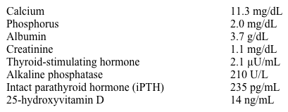 A 72-year-old woman undergoes parathyroidectomy for primary hyperparathyroidism.  Prior to surgery she complained of bone pain and had a compression fracture of the T11 vertebra. Laboratory results from the day before surgery are as follows:   The patient had normal serum calcium on the first postoperative day.  She was discharged with a prescription for calcium and vitamin D.  Two days after surgery, she comes to the emergency department complaining of perioral numbness and spasms of both hands.  On examination, she appears anxious.  Her vital signs are normal except for a respiratory rate of 24/min.  Chvostek's sign is positive. Which of the following laboratory results would be expected from blood drawn at this time? A) High calcium, low phosphorus, and high PTH B) Low calcium, high phosphorus, and high PTH C) Low calcium, low phosphorus, and normal PTH D) Normal total calcium, low ionized calcium, normal phosphorus, and normal PTH