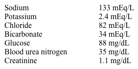<strong>A 16-year-old girl is evaluated in the emergency department for syncope.  She has no other medical conditions and does not use tobacco, alcohol, or illicit drugs.  Her blood pressure is 95/65 mm Hg and pulse is 106/min.  The remainder of the physical examination is within normal limits.  Laboratory values are as follows.   The patient's urine chloride is low at 8 mEq/L. Which of the following is the most likely diagnosis?</strong> A)Anxiety disorder B)Diuretic abuse C)Ecstasy intoxication D)Primary hyperaldosteronism E)Surreptitious vomiting <div style=padding-top: 35px> 