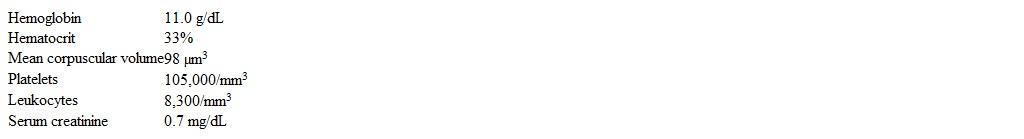 <strong>A 54-year-old man with a history of alcohol abuse is brought to the emergency department after an episode of tonic-clonic seizures.  He has a history of recurrent seizures and has been treated intermittently with phenytoin.  Other medical issues include a mood disorder and anxiety.  The patient lives in a homeless shelter.  He has a 30-pack-year smoking history.  He is treated with lorazepam and phenytoin in the emergency department. Blood pressure is 122/70 mm Hg and pulse is 112/min and regular.  BMI is 17 kg/m<sup>2</sup>.  Dentition is poor and the gums are swollen with some evidence of bleeding.  Small, mobile lymph nodes are palpated in the submandibular region.  The lungs are clear to auscultation.  The liver is palpated 2 cm below the subcostal margin.  No ascites is present.  Multiple scattered petechiae are seen on both the upper and lower extremities. Laboratory results are as follows:   Serum free phenytoin level is markedly low. Which of the following best explains this patient's findings?</strong> A)Leukocytoclastic vasculitis B)Platelet dysfunction C)Side effect of phenytoin D)Vitamin C deficiency E)von Willebrand factor deficiency <div style=padding-top: 35px> 