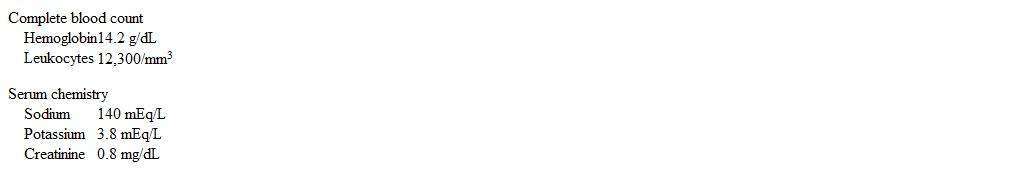 <strong>A 66-year-old man comes to the emergency department due to abdominal pain and nausea.  He has had no vomiting or bloody stools.  Yesterday he underwent a screening colonoscopy, which revealed scattered diverticulosis and 2 polyps that were then removed.  The patient's other medical conditions include hypertension and gastroesophageal reflux disease. Temperature is 38.1 C (100.6 F), blood pressure is 110/70 mm Hg, and pulse is 98/min.  Mucous membranes are moist.  The abdomen is tender in the periumbilical and left lower quadrants with no rebound tenderness. Laboratory results are as follows:   Upright abdominal radiographs show no free air under the diaphragm. Which of the following is the best next step in management of this patient?</strong> A)Obtain CT scan of the abdomen with water-soluble contrast B)Order noncontrast CT scan of the abdomen C)Perform flexible sigmoidoscopy D)Prescribe oral antibiotics and follow-up in 2 days E)Provide reassurance for discomfort from procedural air insufflation <div style=padding-top: 35px> 