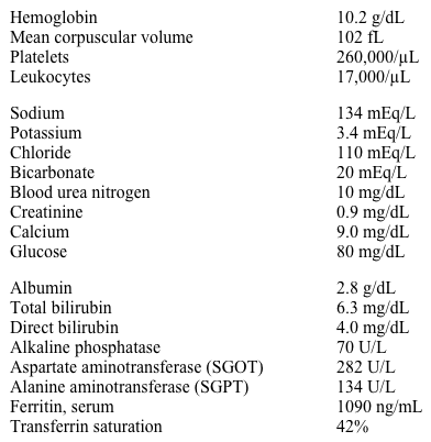 A 43-year-old man comes to the emergency department with severe abdominal pain and vomiting for the last several days.  He has been drinking wine heavily since separating from his wife recently.  He was admitted to the hospital for alcohol-related seizures a year ago and left against medical advice.  The patient's medical problems also include chronic low back pain and nephrolithiasis.  He takes over-the-counter painkillers.  His temperature is 38.3 C (101 F) , blood pressure is 112/70 mm Hg, pulse is 105/min, and respirations are 18/min.  Physical examination is significant for jaundice in the eyes and skin.  Breath sounds are normal.  The abdomen is distended, with significant tenderness in the right upper quadrant to palpation.  There is dullness to percussion in bilateral flank regions. Laboratory results are as follows:   Which of the following is the most likely diagnosis? A) Acute cholecystitis B) Alcoholic hepatitis C) Hemochromatosis D) Hepatic abscess E) Tylenol (acetaminophen)  toxicity