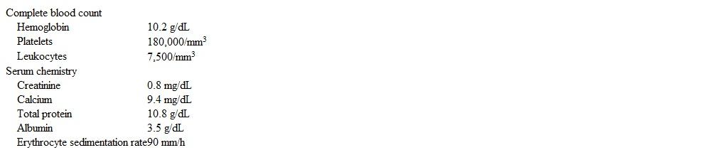 A 60-year-old woman comes to the emergency department due to 2 weeks of worsening bilateral headaches, blurry vision, dizziness, and tingling sensation in her feet.  She has had no fevers, night sweats, unintentional weight loss, or jaw pain but has had several episodes of epistaxis.  The patient has a history of hypertension and takes chlorthalidone.  She does not use tobacco, alcohol, or illicit drugs. Temperature is 37.2 C (99.0 F) , blood pressure is 166/98 mm Hg, pulse is 85/min, and respirations are 14/min.  Physical examination shows moist mucous membranes, normal tympanic membranes, and no sinus tenderness.  Bilateral pupils are equal and reactive.  Visual acuity is decreased in both eyes, and funduscopic examination reveals dilated, segmented, and tortuous retinal veins.  Facial sensation and strength are normal.  Bilateral upper- and lower-extremity muscle strength is normal.  There is decreased pinprick sensation and loss of ankle reflex bilaterally. Laboratory results are as follows:   Which of the following is the most appropriate next step in management of this patient? A) Carbonic anhydrase inhibitors and loop diuretics B) High-dose glucocorticoids C) Intravenous antihypertensives D) Serum protein electrophoresis E) Temporal artery biopsy