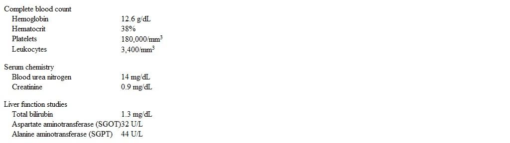 A 32-year-old woman comes to the emergency department with sudden-onset unremitting fevers, chills, and joint pains for the past 2 days.  She describes severe,  unbearable  pain in her right shoulder, left elbow, and left knee.  She has not had any nausea, vomiting, or diarrhea.  Three days ago, the patient returned from a 2-week honeymoon in the Dominican Republic.  She spent time camping and swimming in the ocean.  Her husband has no symptoms. The patient's temperature is 39 C (102.2 F) , blood pressure is 114/64 mm Hg, pulse is 96/min, and respirations are 18/min.  She has no skin rash.  Her lungs are clear bilaterally and there are no heart murmurs.  Her abdomen is soft and nontender.  Joint examination shows swelling in the left elbow and left knee without localized effusions or tenderness.  Laboratory results are as follows:   Which of the following is the most likely diagnosis? A) Chikungunya fever B) Enteric fever C) Hantavirus infection D) Malaria E) Meningococcal infection