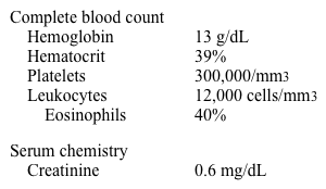 A 26-year-old woman comes to the emergency department with a 1-day history of chills, headache, and muscle aches.  A week ago, she returned from a month-long trip to Tanzania.  During her travels, she stayed with friends in local hotels and ate mostly at local restaurants.  She spent significant time outdoors, including swimming in local lakes.  She had taken atovaquone-proguanil for malaria prophylaxis and was compliant with therapy. The patient's temperature is 38 C (100.4 F) .  Physical examination shows multiple urticaria-type lesions on the trunk and upper extremities. Laboratory studies are as follows:   Which of the following is the most likely diagnosis? A) Amebiasis B) Chikungunya fever C) Cutaneous leishmaniasis D) Falciparum malaria E) Schistosomiasis