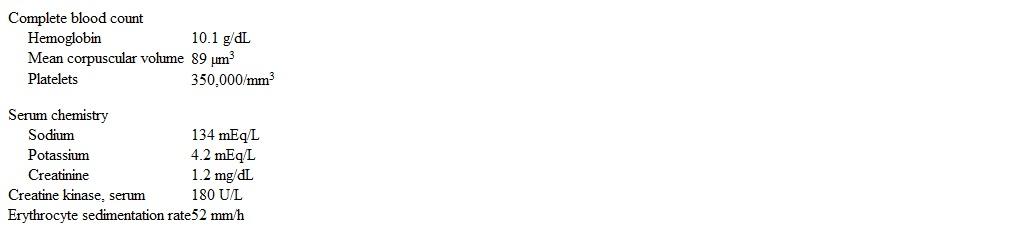 A 76-year-old man is brought to the emergency department due to intermittent blurry vision for the past 3 days.  Today he feels as though  a curtain is falling in front  of his right eye.  Family members have been worried about a decline in his general health over the past month as he has been eating less and has been less socially active.  The patient has  felt down  for several weeks and has had headaches, a decreased appetite, and difficulty eating solid foods due to pain while chewing. Medical history is notable for hypertension, intermittent atrial fibrillation, mild dementia, and a transient ischemic episode 6 months ago.  A carotid ultrasonogram performed 6 months ago showed 40% stenosis in the carotid arteries bilaterally.  Current medications include triamterene, hydrochlorothiazide, dabigatran, atorvastatin, and aspirin.  The patient retired from coal mining 20 years ago and lives alone in an apartment.  He does not use tobacco but drinks alcohol on social occasions. Blood pressure is 142/78 mm Hg, and pulse is 78/min and regular.  On physical examination, the pupils are reactive to light.  Visual acuity is 20/40 in the left eye and 20/100 in the right eye.  There is no scalp tenderness.  The oropharyngeal mucosa is dry and no lymph nodes are palpable.  Cardiopulmonary examination is unremarkable.  The abdomen is soft and there is no organomegaly.  Upper and lower limb deep tendon reflexes are 2+ bilaterally.  Muscle power is 5/5 in all extremities. Laboratory results are as follows:   Chest x-ray reveals no abnormalities. Which of the following is the most appropriate next step in management of this patient's condition? A) Addition of dipyridamole to aspirin B) Brain MRI and carotid MR angiography C) Carotid endarterectomy D) Glucocorticoid therapy E) Intravenous heparin infusion