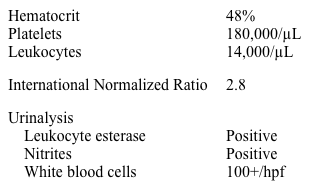 A 71-year-old woman is brought to the emergency department due to not feeling well and worsening right leg weakness.  The patient had a stroke 2 years ago and has mild residual right leg weakness.  Over the last 2 days, her weakness has gotten worse compared to her baseline, and she can hardly ambulate with a cane.  The patient has a history of persistent atrial fibrillation and takes daily warfarin. Her temperature is 38.3 C (101 F) , blood pressure is 150/90 mm Hg, pulse is 94/min, and respirations are 14/min.  Pulse oximetry shows 97% on room air.  Neurologic examination shows spastic right lower extremity weakness and hyperreflexia.  A noncontrast head CT reveals an old infarct in the left anterior cerebral artery territory. Laboratory results are as follows:   Which of the following is the most likely explanation for this patient's symptoms? A) Acute spinal cord compression B) Exacerbation of prior stroke symptoms by infection C) L5 radiculopathy D) Normal pressure hydrocephalus E) Recurrent cardioembolic stroke