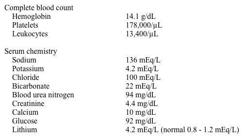A 41-year-old man with a history of bipolar disorder is brought to the emergency department by his mother for confusion and agitation that she noticed while visiting today.  The patient denies suicidal ideation and intentional overdose of his medication or illicit drugs.  His only known medication is lithium. His temperature is 37.2° C (99° F) , blood pressure is 94/52 mm Hg, pulse is 89/min, and respirations are 18/min.  The patient's pulse oximetry is 96% on room air.  Examination shows dry mucous membranes, clear lung fields, and normal first and second heart sounds.  The patient has a flat affect and does not answer most questions.  He has a significant tremor in both hands.   Electrocardiogram shows normal sinus rhythm.  Intravenous fluids are initiated. Which of the following is the most appropriate next step in management? A) Activated charcoal B) Forced diuresis C) Hemodialysis D) Ipecac E) Whole-bowel irrigation