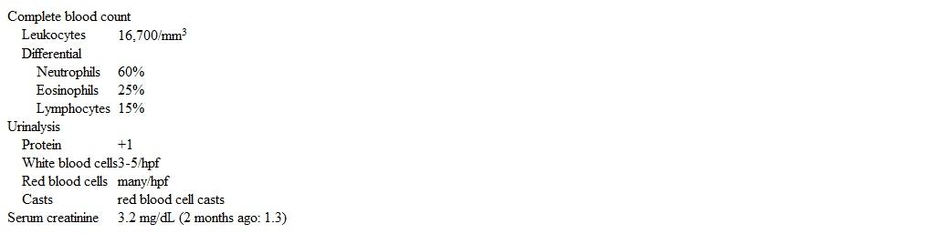 A 46-year-old woman comes to the emergency department because of progressively worsening shortness of breath, wheezing, dry cough, and sinus pressure for the last 2 weeks.  She has had no fever, chills, or night sweats.  She has a history of asthma and recurrent sinus infections over the past 10 years.  The patient has used albuterol and inhaled corticosteroids for several years, but they no longer seem to help.  She also has had joint pains for the last 2 months, for which she takes aspirin as needed. Other medical conditions include hypertension, gastroesophageal reflux disease, and seasonal allergies.  Medications include lisinopril, omeprazole, and loratadine as needed.  The patient lives with her husband and has 2 cats.  She has not traveled recently.  She does not use tobacco, alcohol, or illicit drugs.  The patient's father died of an unknown kidney disease, and her mother has a history of diabetes. Temperature is 36.8 C (98.2 F) , blood pressure is 130/70 mm Hg, pulse is 84/min, and respirations are 16/min.  Erythematous tonsils are present without exudates.  The patient has bilateral maxillary sinus tenderness to palpation.  Bilateral nasal polyps are present.  Lung examination reveals diffuse inspiratory and expiratory wheezes.  The remainder of the physical examination is unremarkable. Laboratory results are as follows.   A chest x-ray demonstrates ill-defined opacities bilaterally. Which of the following is the most likely diagnosis? A) Allergic bronchopulmonary aspergillosis B) Aspirin-exacerbated respiratory disease C) Chronic eosinophilic pneumonia D) Eosinophilic granulomatosis with polyangiitis E) Granulomatosis with polyangiitis
