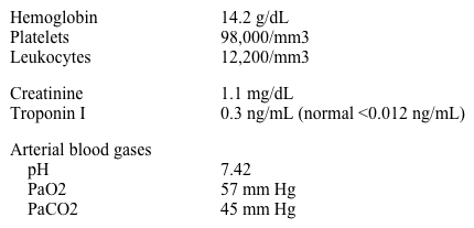 A 75-year-old man with moderate chronic obstructive lung disease is brought to the emergency department with acute onset of dyspnea that started this afternoon.  He was discharged 2 days ago for a chronic obstructive pulmonary disease exacerbation treated with short-term noninvasive positive-pressure ventilation, corticosteroids, and antibiotics.  He finished the oral antibiotics yesterday and has been nonambulatory since hospital discharge.  He also complains of productive cough of whitish sputum and mild right-sided pleuritic chest pain.  His other medical problems include hypertension, chronic lower-extremity edema with superficial ulcers, and severe right knee osteoarthritis. His temperature is 37.2° C (99° F) , blood pressure is 120/73 mm Hg, pulse is 114/min, and respirations are 22/min.  Pulse oximetry shows 89% on room air.  Jugular venous pressure is estimated at 7 cm H<sub>2</sub>O.  Mild end-expiratory wheezing is heard bilaterally.  There is bilateral, chronic-appearing edema of the lower extremities. Laboratory results are as follows:   ECG shows sinus tachycardia with nonspecific T-wave changes.  Chest x-ray shows hyperinflated lung fields and linear densities at the right lower base consistent with atelectasis. Which of the following is the best next step in managing this patient? A) Computed tomography angiography of the chest B) Intravenous antibiotics and corticosteroids C) Noninvasive positive ventilation D) Transthoracic echocardiogram E) V/Q scan