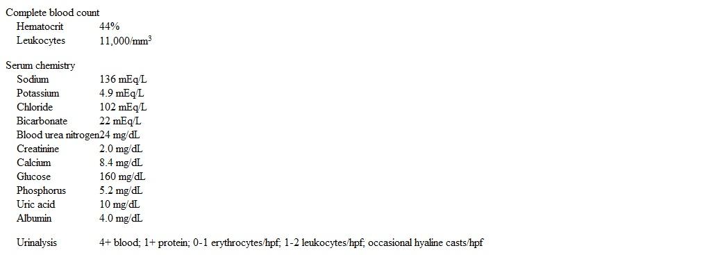 A 65-year-old man is brought to the emergency department by his caregiver due to confusion.  The patient was in his usual state of health last night, but this morning he was found in bed very sleepy and confused.  He had also soiled the bed with urine and stool, which he had never done before.  The patient had a right middle cerebral artery ischemic stroke a month ago and was recently discharged from a rehabilitation facility.  He was treated for pneumonia with oral antibiotics at the rehabilitation facility 2 weeks ago.  His other medical issues include hypertension, hyperlipidemia, and benign prostate hyperplasia.  Current medications include aspirin, atorvastatin, chlorthalidone, metformin, and tamsulosin.  He has no known drug allergies. Temperature is 37.2 C (99 F) , blood pressure is 152/84 mm Hg, pulse is 90/min, and respirations are 18/min.  The patient is somnolent and awakens to voice.  Mucous membranes are moist.  The lungs are clear to auscultation and there are no heart murmurs.  The abdomen is soft and nontender.  Neurological examination shows residual left hemiparesis from prior stroke. Laboratory results are as follows:   Serum creatinine was 0.9 mg/dL at hospital discharge a month ago.  Calculated urinary fractional excretion of sodium is 0.8%. Which of the following is the most likely cause of this patient's acute kidney injury? A) Acute glomerulonephritis B) Acute interstitial nephritis C) Rhabdomyolysis D) Uric acid nephropathy E) Volume depletion