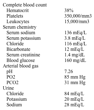 A 70-year-old woman presents to the emergency department because of anorexia, nausea, and diarrhea.  She has had these symptoms for the past 3 days.  She recently completed a course of antibiotics for bronchitis.  Her medical problems include osteoporosis, type 2 diabetes mellitus, hypertension, glaucoma, and osteoarthritis.  Her current medications include metformin, fosinopril, chlorthalidone, ibandronate, acetazolamide, and acetaminophen.  Her temperature is 37.4 C (99.4 F) , blood pressure is 120/70 mm Hg, pulse is 84/min, and respirations are 16/min.  On examination, she appears uncomfortable.  Her abdomen is mildly tender in both of the lower quadrants.  Test of the stool for blood is positive. The patient's laboratory studies reveal:   Which of the following is responsible for this patient's acid-base disorder? A) Acetazolamide B) Fosinopril C) Gastrointestinal losses D) Metformin E) Type 4 renal tubular acidosis