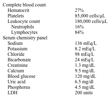 An 82-year-old man comes to the emergency department because of sudden onset back pain.  He denies any lower extremity weakness, bowel or bladder incontinence, muscle cramps, or paresthesias.  He has no fever or chills.  He has a history of chronic lymphocytic leukemia and hyperlipidemia.  He has not received any chemotherapy for his leukemia and lost follow-up with physician appointments.  He does not take any prescription medications.  He denies tobacco, alcohol, or illicit drug use. His blood pressure is 140/76 mm Hg, pulse is 72/min, and respirations are 14/min.  Examination shows cervical lymphadenopathy and splenomegaly.  He has point tenderness at the L2 level.  The remainder of the examination is within normal limits. The patient's labs reveal:   An electrocardiogram is normal.  Spinal imaging shows a compression fracture at the level of L2. Which of the following is the next best step in the management of his hyperkalemia? A) Analyze whole blood potassium by using arterial blood draw B) Insulin and glucose C) Intravenous calcium gluconate D) Normal saline at 250 ml/hour to establish high urine flow E) Systemic corticosteroids