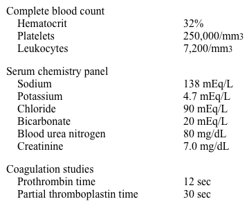 A 65-year-old man presents to the emergency department because of a nosebleed, which started 6 hours ago.  He has not been able to stop it with recumbency and nasal pressure.  He had a similar nosebleed 2 years ago and was told by an ENT physician that he has telangiectasias in his nasal septum.  He has not noted any bleeding or bruising elsewhere.  There is no history of aspirin use, although he has taken a few ibuprofens recently.  He is known to have chronic kidney disease with a serum creatinine of 6.8 mg/dL.  A fistula has been placed in his arm anticipating the commencement of dialysis soon.  He has hypertension, hyperlipidemia, osteoarthritis, and gout.  Current medications include atenolol, amlodipine, calcium carbonate, reduced-dose allopurinol, and furosemide. His blood pressure is 142/86 mm Hg without orthostatic changes, pulse is 84/min, and respirations are 16/min.  Bright red blood is seen oozing around his left naris, which is filled with bloody tissue paper.  Some bright red blood is seen in his posterior pharynx.  His lung, cardiovascular, and abdominal exams are normal.  There is no edema. The patients labs reveal:   After anterior and posterior nasal packing, oozing into and around the packing continues. Which of the following is the most appropriate next step in management? A) Cryoprecipitate B) DDAVP C) Hemodialysis D) Estrogens E) Blood transfusion